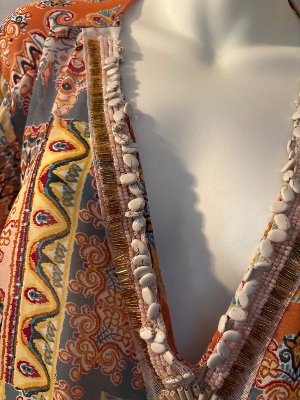 Beaded Boho Patchwork Tunic Top , Vibrant Orange Yellow Gray Pattern READ - Picture 4 of 7
